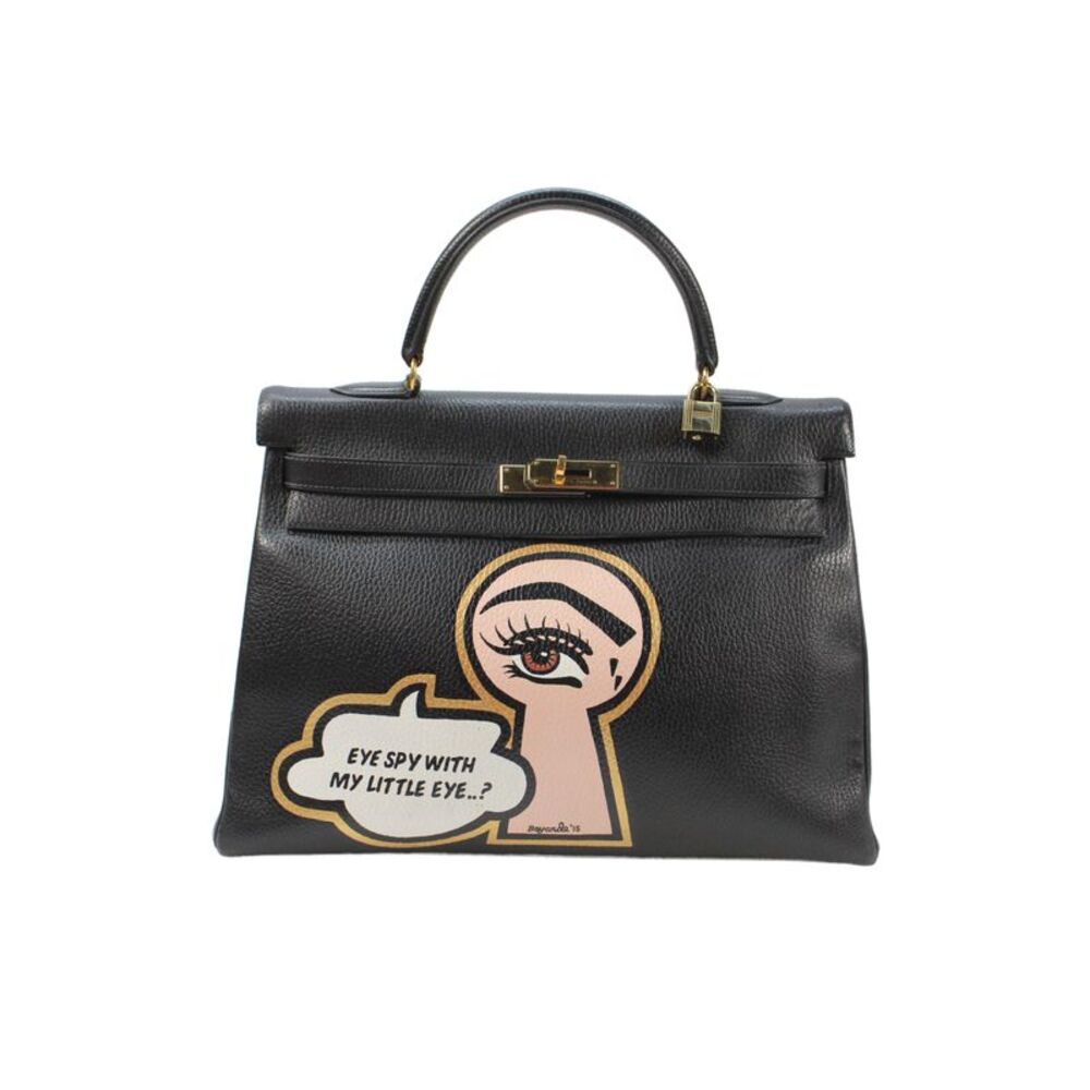 Hermes Womens Printed Kelly 35 Gold Tone Hardware Leather Handbag Black - Picture 2 of 8
